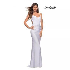 La Femme Gown 28287 Open Back Jersey Ruched Maxi Evening Gown White Size 2 NWOT